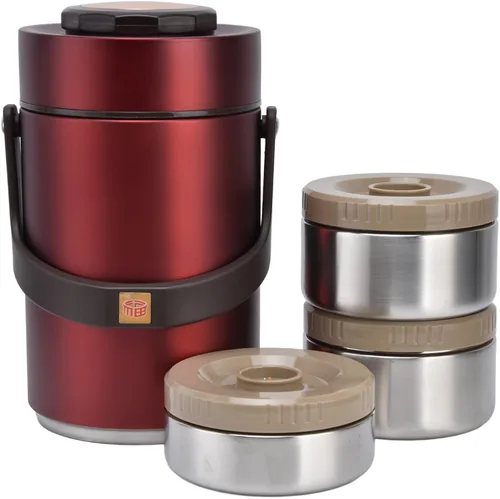 Miniatura 10 de 2.3L Vacuum Insulated Food Container with 3 Stackable Compartments 304 Stainless Steel Leak Proof Adults Thermal Food Jar for Work Travel Picnic Gold