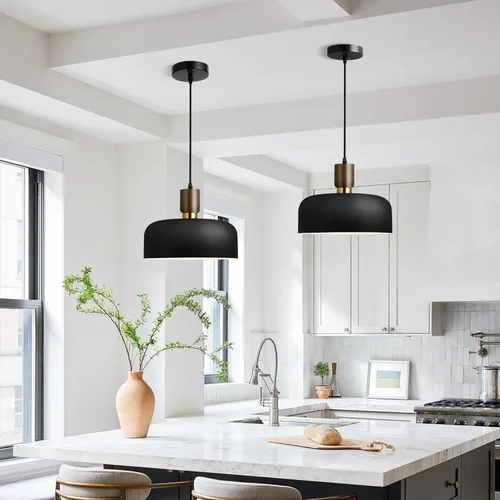 Miniatura 5 de Lámpara colgante negra moderna de 11.6 pulgadas, lámpara colgante grande para isla de cocina, madera maciza con pantalla martillada, lámpara