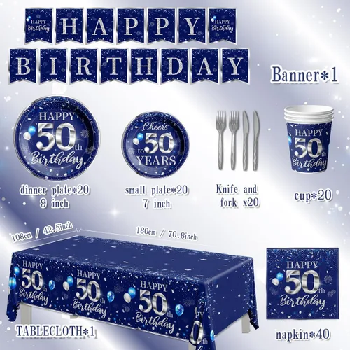 Miniatura 3 de Juego de vajilla de 142 piezas para decoración de cumpleaños número 50, color plateado y azul, suministros de fiesta de cumpleaños número 50