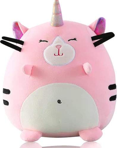Marsjoy Almohada de peluche de gatito rosa de 8 pulgadas, peluche de animal de peluche, lindo gato, unicornio, juguete para abrazar, cojín suave