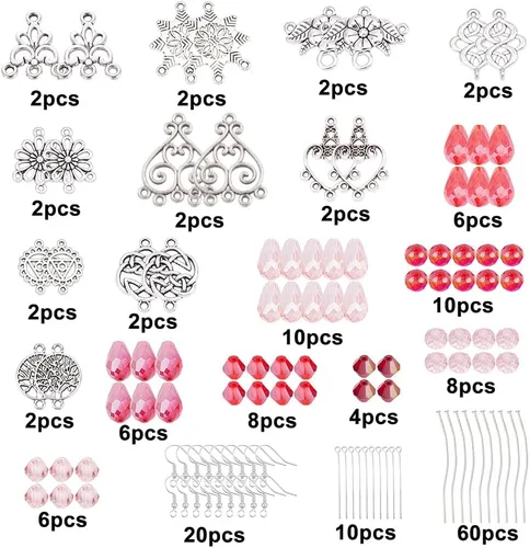 Miniatura 2 de SUNNYCLUE 1 caja de bricolaje 10 pares de cuentas rojas de araña colgantes kit de fabricación de aretes planos, redondo, nudo celta, flor, árbol