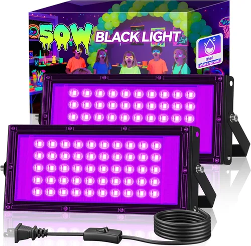 Paquete de 2 Luces Negras LED de 50W, Reflector de Luz Negra para Fiesta Brillante IP66 Impermeable, Luces Negras Exteriores con Interruptor y