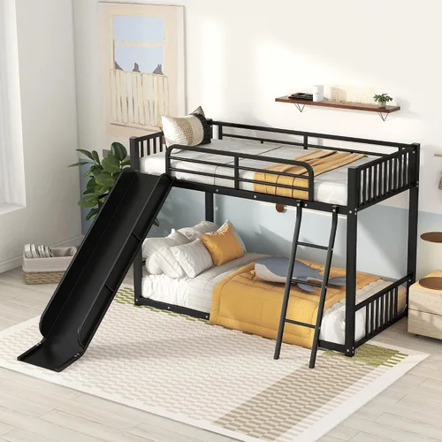 Miniatura 14 de Harper & Bright Designs Litera de metal individual sobre individual, litera baja resistente con barandillas de seguridad y escalera (negro)