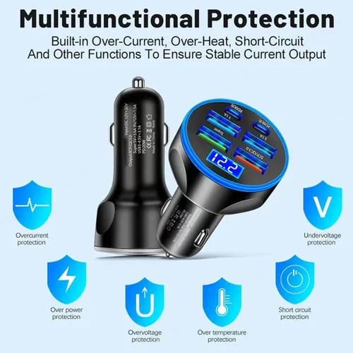 Miniatura 15 de Adaptador De Carga Súper Rápida USB C Para Coche Y Teléfono 6 En 1 Con Pantalla De Voltaje 250W Carga USB De Encendedor De Cigarrillos De Múltiples