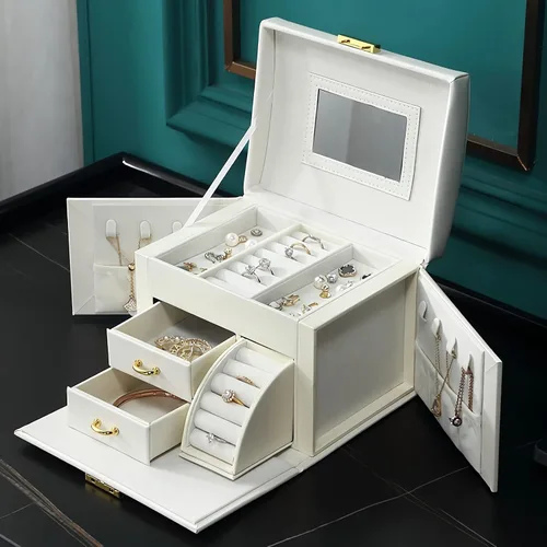 GDJMLai Joyero para mujer, organizador de joyas con cerradura, caja de anillos con espejo, organizador de collares, artículos esenciales de viaje