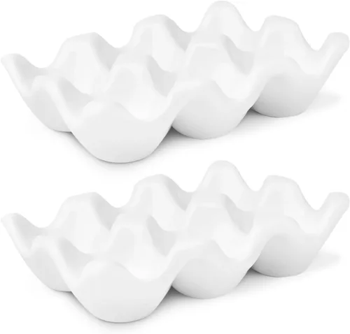 Miniatura 31 de Flexzion Organizador de huevos cerámico para nevera - Bandeja de huevos de 6 tazas, contenedor de porcelana para media docena, organizador de Gris
