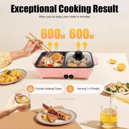 Miniatura 4 de Olla caliente con parrilla, olla caliente eléctrica antiadherente 2 en 1 para interiores y exteriores, control de temperatura independiente, Rosado