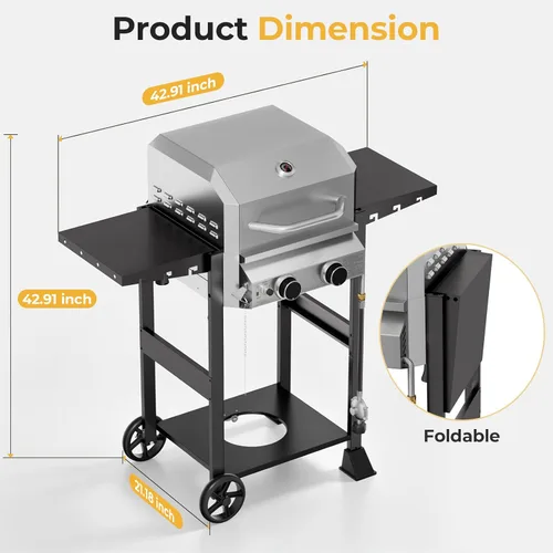 Miniatura 9 de Electactic Parrilla de gas propano de 2 quemadores, parrilla de barbacoa de acero inoxidable de 16,000 BTU con mesas laterales plegables, diseño