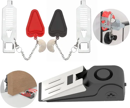Miniatura 10 de Paquete de 2 alarmas portátiles de tope de puerta y cerradura de puerta, dispositivos mejorados de seguridad para el hogar, tope de puerta