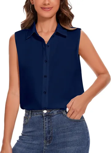 Miniatura 19 de YAMANMAN Camisa sin mangas con botones para mujer, blusa clásica con cuello redondo, camiseta básica de gasa para el trabajo y la oficina