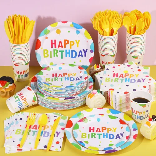 Miniatura 4 de Kochorie 400 piezas de decoraciones de fiesta de feliz cumpleaños, incluyendo platos de papel desechables, vasos, servilletas, juegos de vajilla que