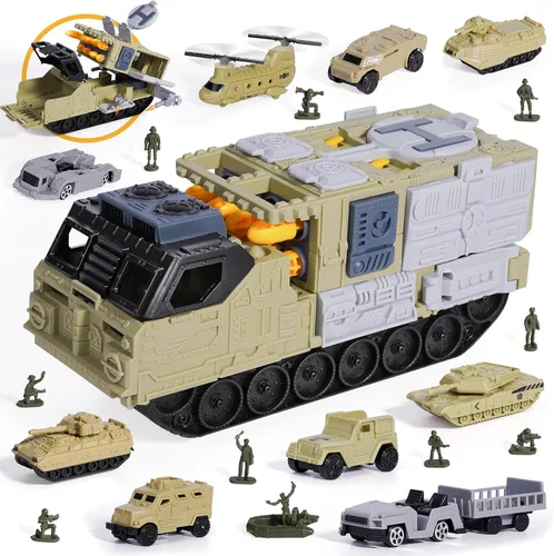 XDUOYJOY Juegos de juguetes militares con misiles lanzables, juguetes del ejército con 9 vehículos, camiones helicópteros, figuras de acción de