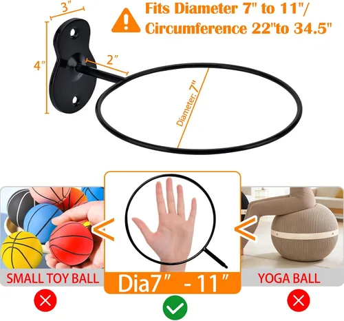Miniatura 2 de Soporte de pared para baloncesto, soporte de bola de metal de 7 pulgadas de diámetro, almacenamiento de pelotas para baloncesto, fútbol, voleibol