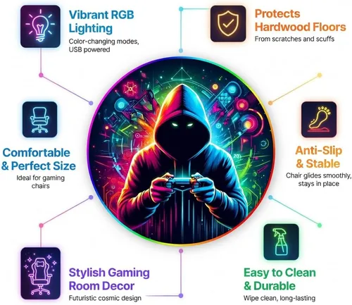 Miniatura 5 de Tapete circular para silla de juegos, luces RGB para juegos (gamer, 47 pulgadas), cancelación de ruido, antideslizante, tapete de suelo para Jugador
