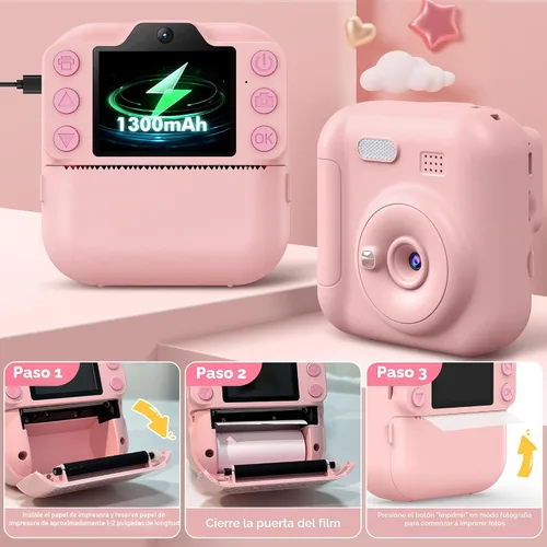 Miniatura 7 de Cámara para niños de impresión instantánea, juguetes para niños pequeños, regalos de Navidad y cumpleaños para niñas y niños, cámara digital Rosa