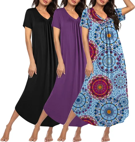 Miniatura 14 de Ekouaer Paquete de 3 camisones largos para mujer, talla grande, vestido de casa de manga corta, cuello en V, camisón casual, M-5XL