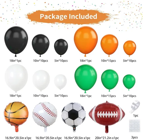 Miniatura 2 de Guirnalda de arco de globos deportivos, kit de guirnalda de globos con tema de bolas, globos blancos, verdes, negros y naranjas, globos de aluminio