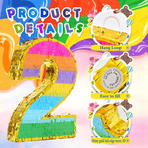 Miniatura 3 de Piñata Arcoíris Número 2 para Decoraciones de Fiesta de 2do Cumpleaños, Piñata de Cumpleaños con Palo, Venda para los Ojos y Confeti, Celebración