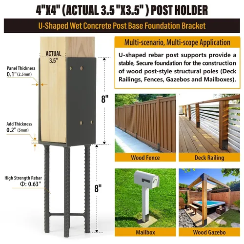 Miniatura 3 de 4"x4" (Real 3.5"x3.5") Soporte de poste en U de acero inoxidable, anclaje de poste para hormigón húmedo, soporte de base de poste resistente