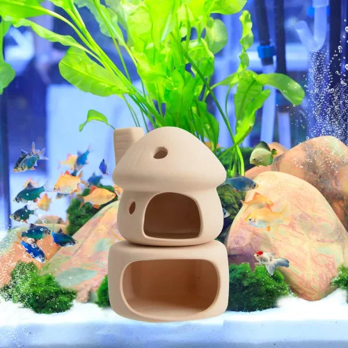 Miniatura 8 de Juego de decoración de acuario de casa de hongos de cerámica, escondite natural sin pintura para betta, camarones, plexiglás y peces