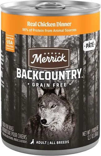 Merrick Backcountry - Alimento enlatado prémium sin granos, receta húmeda suave y saludable, cena de pollo real, paquete de 12 latas de 12.7 onzas