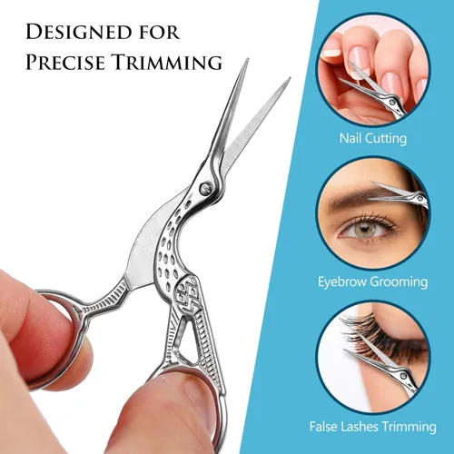 Miniatura 4 de Paquete de 2 tijeras de cigüeña curvadas y redondeadas, tijeras profesionales de belleza de acero inoxidable para cejas, vello facial, piel seca