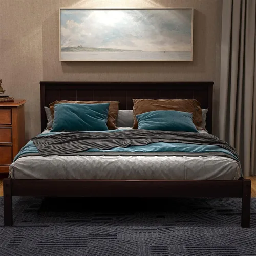 Miniatura 14 de Cama de plataforma de madera maciza tamaño matrimonial con cabecera y estribo de trineo, base de cama de plataforma de madera completa con Espresso