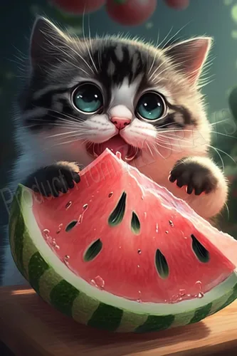 ZKOPAVS Kits de pintura de diamantes para adultos y niños, lindo gato come sandía, pintura artística con diamantes de imitación de cristal, punto de