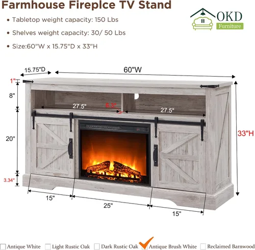 Miniatura 6 de OKD Soporte de TV con chimenea para TV de más de 65 pulgadas, centro de entretenimiento Highboy Farmhouse de 33 pulgadas de alto con chimenea