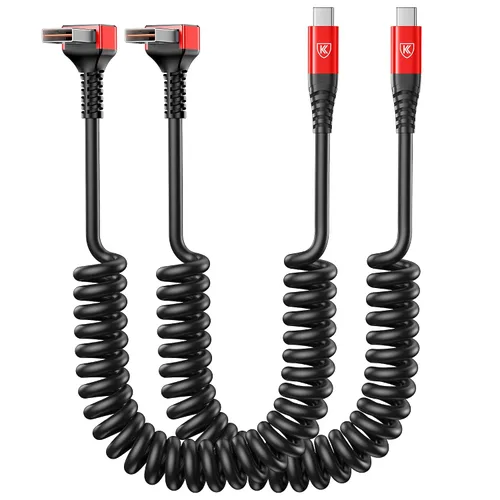Miniatura 19 de Cable USB A a USB C de 90 grados, paquete de 2 cables USB tipo C en espiral de 3 pies para automóvil, cable de carga rápida USB-C compatible