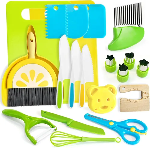 Miniatura 7 de Chanking Juego de cuchillos seguros para niños de 13 piezas para cocina real, herramientas de chef de plástico Montessori, juguetes de cocina