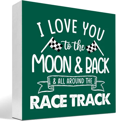 Miniatura 12 de Letrero de madera "I Love You To The Moon And Back And All Around The Race Track" para decoración de escritorio, letrero de caja con banderas a