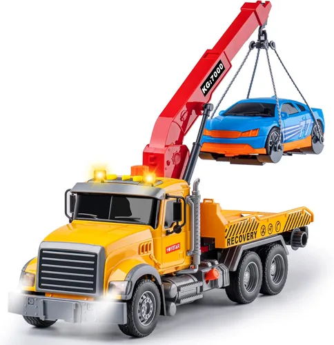 Camiones de Remolque Grandes de Juguete con Gancho y Coche para Niños, Camiones de Juguete de Retroceso con Luz y Sonido para Niños (Camión de