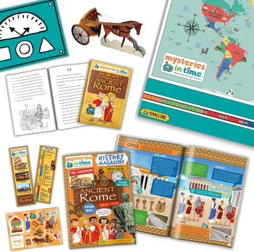 Mysteries in Time Ancient Rome - Paquete de actividades romanas para niños de 6 a 11 años, con libro de historia y revista, perfecto para avión,