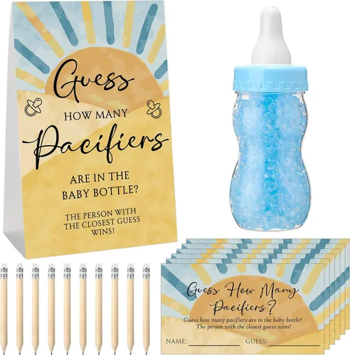 Roowest 512 Piezas de Juegos de Baby Shower Adivina Cuántos Chupetes Letrero 100 Pequeños Juegos de Adivinanzas, 10 Lápices HB, Botella de Leche de