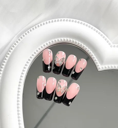 Miniatura 3 de 24 uñas postizas a presión de punta francesa negra, uñas postizas largas cuadradas, color rosa, cobertura completa, con diamantes de imitación, L1.
