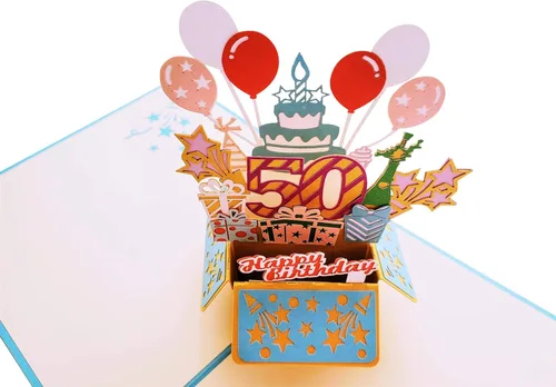 Miniatura 3 de iGifts And Cards Tarjeta de felicitación desplegable 3D con caja de fiesta de cumpleaños número 50 color azul – Cincuenta, impresionante, globos