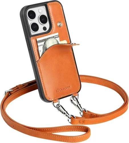 LUCKYCOIN Funda tipo cartera cruzada para iPhone 14 Pro, funda de piel auténtica con protección contra caídas para mujer, con tarjetero expandible y
