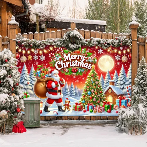 Miniatura 7 de HOMETITUTE Cartel de Navidad de 71 x 43 pulgadas, telón de fondo rojo de Papá Noel con árbol de regalo, decoración de nieve en trineo