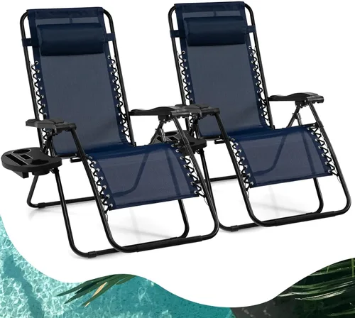 Goplus Sillas de salón Zero Gravity, reclinables plegables ajustables en 160° con almohada y soporte para tazas, cómodas sillas de descanso de 350