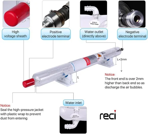 Miniatura 4 de Cloudray RECI CO2 Tubo láser de vidrio W2, Tubo láser de CO2 de vidrio, 90W 100W Longitud 1200mm S2 Z2 Diámetro 80mm para máquina de corte
