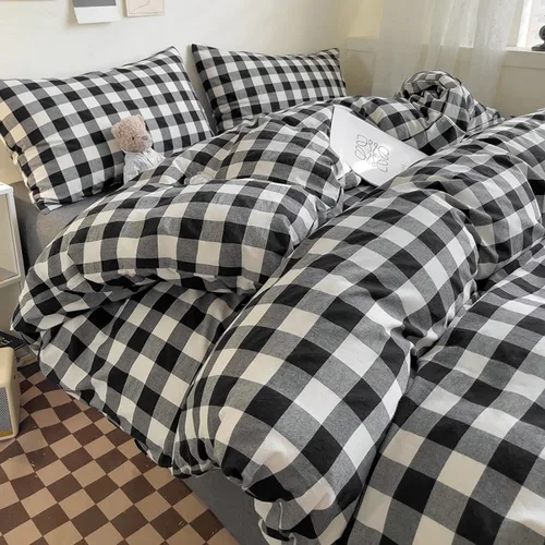 Miniatura 3 de DONEUS Juego de funda de edredón a cuadros 100% algodón lavado como lino súper suave y cómodo, juego de ropa de cama de 3 piezas a cuadros negros