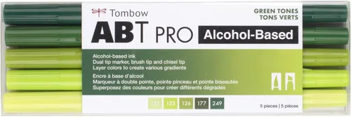 Tombow 56971 ABT PRO - Marcadores de alcohol, tonos verdes, juego de 5 colores, doble punta, marcadores de arte permanentes con puntas de cincel y