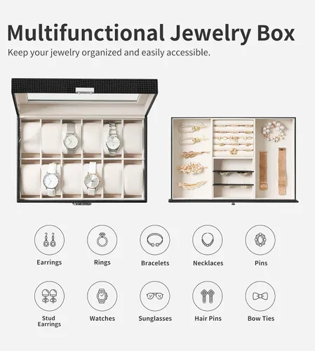 Miniatura 6 de Oyydecor Caja de reloj con 12 ranuras para relojes, organizador de joyas con cajón de joyas para almacenamiento y exhibición con cerradura (beige)