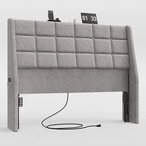 Miniatura 8 de ONBRILL Cabecero tapizado ergonómico de tamaño completo con estación de carga, cabeceros con respaldo de ala de lino con bolsillo de almacenamiento