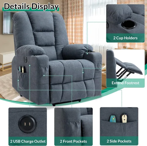 Miniatura 5 de VIVIJASON Silla reclinable eléctrica para personas mayores con calefacción por vibración, masaje de tela suave, con 2 controles remotos, puertos Azul