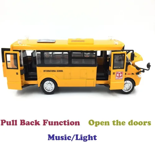 Miniatura 6 de Autobús escolar de retroceso de 9 pulgadas, vehículos de juguete de metal fundido a presión que se iluminan y hacen sonidos con amarillo brillante