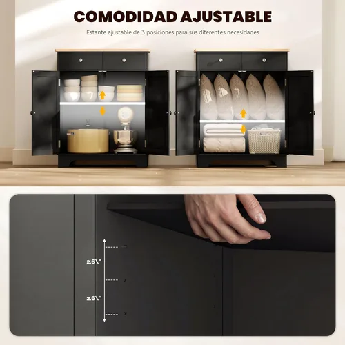 Miniatura 6 de HOMCOM Aparador de buffet con encimera de madera maciza, gabinete de almacenamiento de cocina moderno, gabinete de barra de café con 2 cajones, Negro