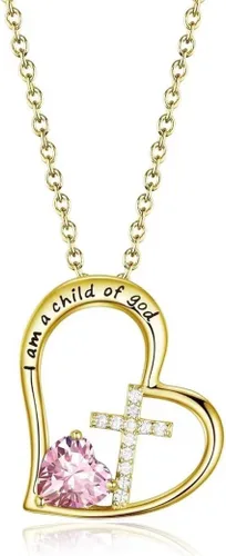 BAOWING Collar de piedra natal con cruz de corazón I Am a Child of God con texto en inglés "I Am a Child of God Heart Cross, joyería, regalos de