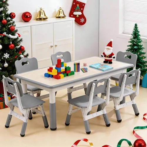 Moderno juego de mesa y 6 sillas para niños, mesa ajustable en altura de 47.20" para niños pequeños y conjunto de 6 sillas con patas de escritorio
